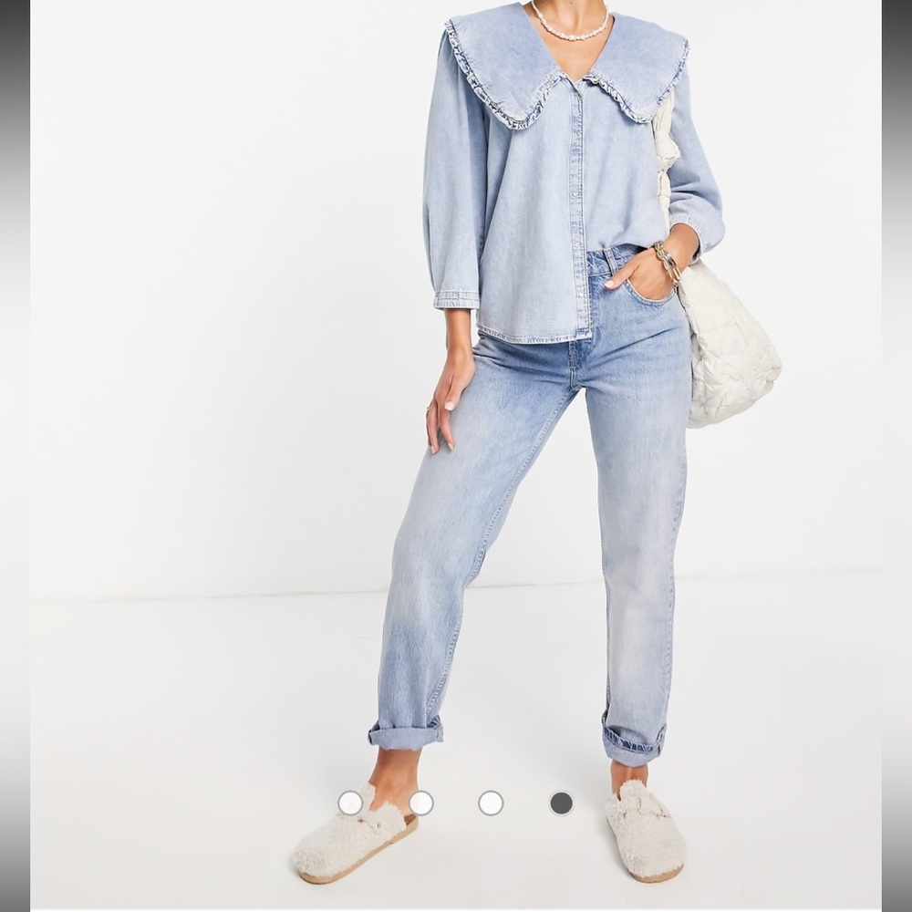 ASOS Mango Blue Denim Oversized Peter Collar Ruffled Top.  Size 2 - Picture 7 of 7